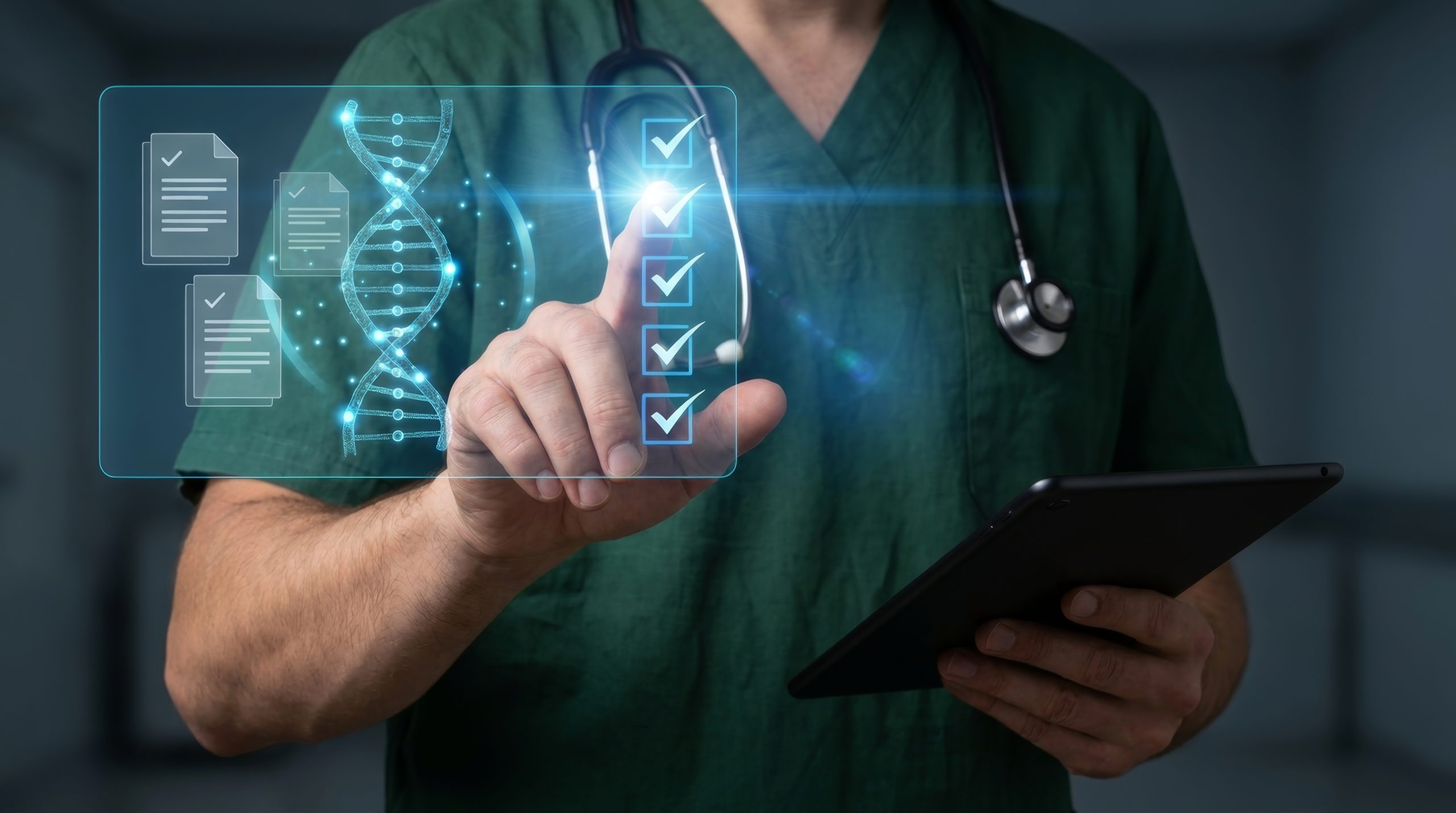 Healthcare professional interacting with a digital HIPAA compliance checklist and medical data security interface.