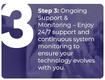 Step 3: Ongoing Support & Monitoring – Enjoy 24/7 support and continuous system monitoring to ensure your technology evolves with you.